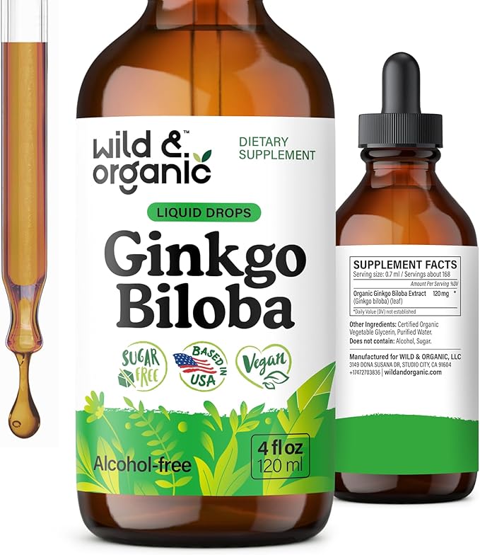 Wild &amp Organic Ginkgo Biloba Extract Drops - Brain &amp Focus Support - Liquid Ginkgo Biloba Supplements - Vegan Sugar &amp Alcohol-Free Herbal Tincture - 4 fl oz