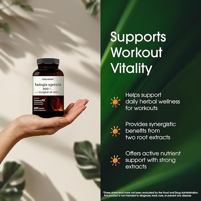 NatureBell Fadogia Agrestis - 240 Capsules - 600mg Fadogia Agrestis with 400mg Tongkat Ali - High Strength Extracts for Vitality &amp Workout Performance Support*