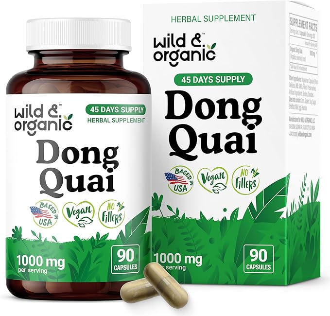 Wild &amp Organic Dong Quai Capsules 1000 mg - Menopause Supplements for Women - Dong Quai Supplement for Women - 45-Day Supply - Traditional Angelica Sinensis - Non-GMO Vegan Gluten-Free - 90 Coun