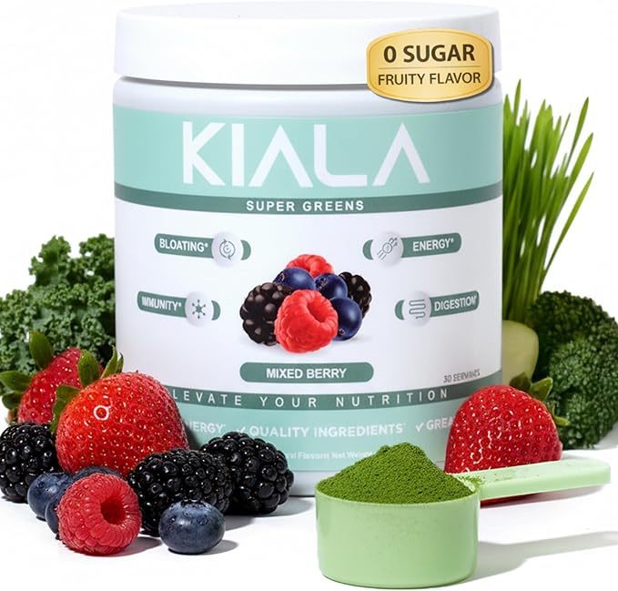 Kiala Nutrition Super Greens Organic Greens Powder with Spirulina &amp Chlorella for Digestion Gut Health Immunity Adaptogens Energy Gluten Free Vegan Sugar Free Mixed Berry 30 Servings
