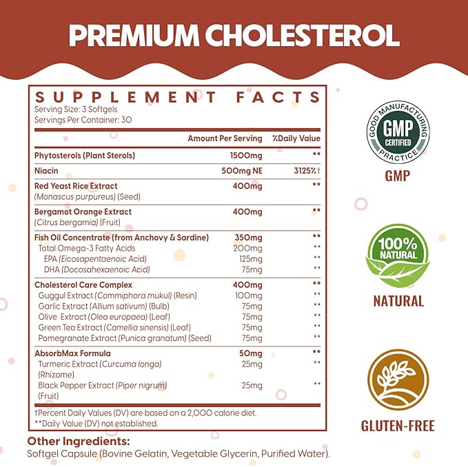 Cholesterol Supplements with Plant Sterols Niacin Red Yeast Rice Citrus Bergamot Garlic Cholesterol Supplement Support Normal Cholesterol Levels 180 Softgels