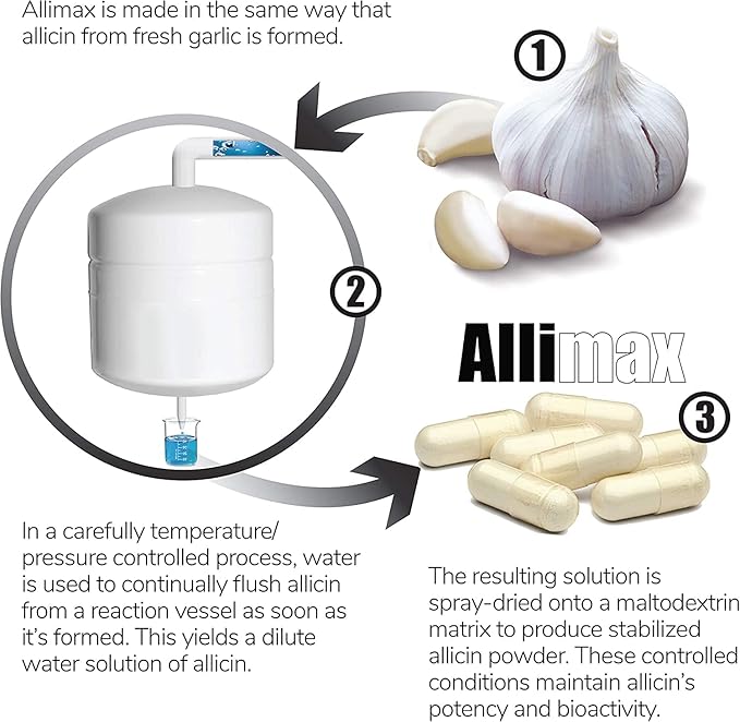 ALLIMAX 180mg 90 Capsules. Allicin Garlic Supplement to Support Your Body’s Immune Function. Contains Stabilized and Potent Bioactive Allicin Extracted from Clean &amp Sustainable Spanish Grown Garl