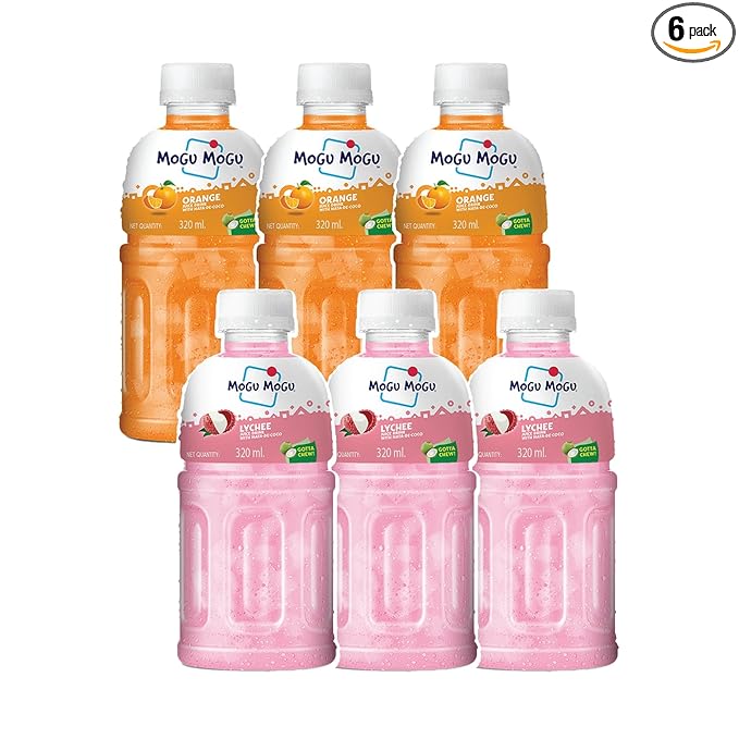 Mogu Mogu Lychee &amp Orange Juice Drink with Nata de Coco Jelly 320ml (Pack of 6)| Refreshing Tropical Thai-Made Sip &amp Chew Beverage