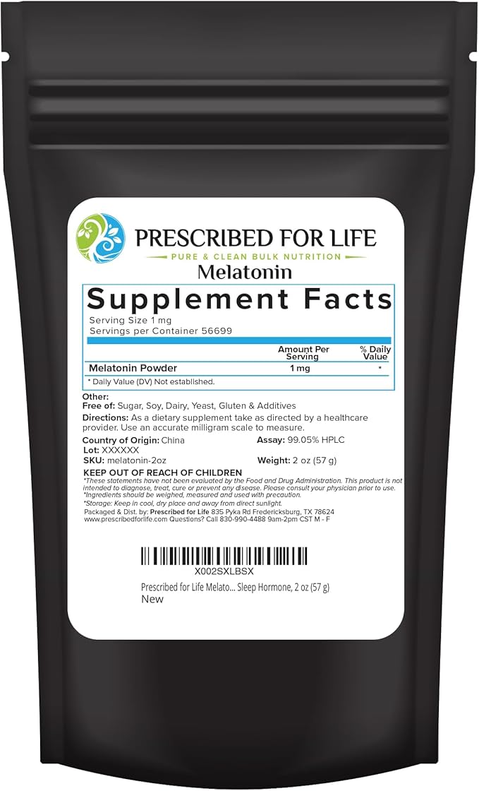 Prescribed For Life Melatonin Powder Natural Melatonin for Adults Rich in Antioxidants Gluten Free Vegan Non GMO Kosher No Fillers (2oz / 56g)