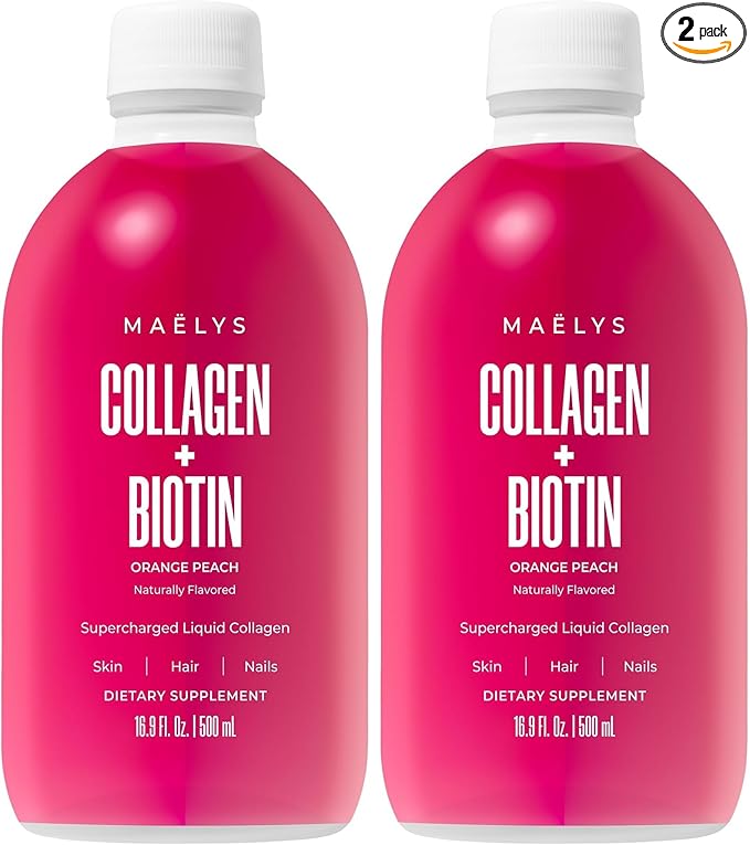 MAËLYS Super Charged Liquid Collagen for Women - Collagen Peptides Supplement with Biotin for Hair Skin and Nails - Orange Peach (Pack of 2)