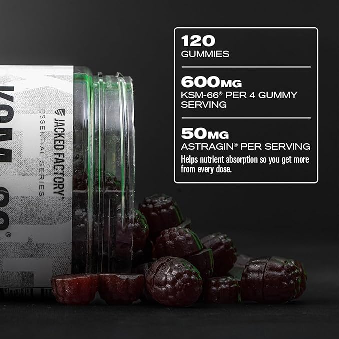 Jacked Factory Ashwagandha Gummies - KSM 66 Ashwagandha Gummies (600mg Per Serving) - Enhance Cognitive Function Boost Mood and Promote Hormonal Balance - 120 Gummies Cherry Splash