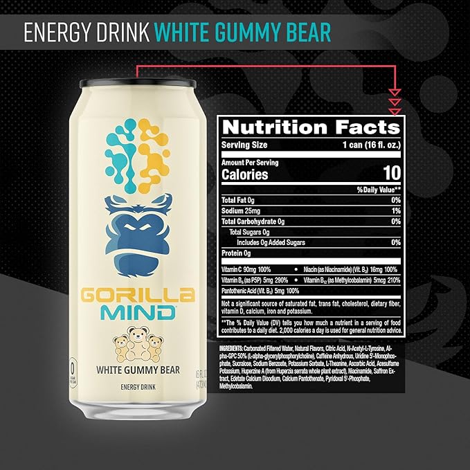 Gorilla Mind Energy Drink | Unmatched Energy · Amplified Focus | N-Acetyl-L-Tyrosine Alpha-GPC 200mg Caffeine Uridine Saffron | 0 Sugar Or Artificial Colors | 16oz 12-Pack (White Gummy Bear)