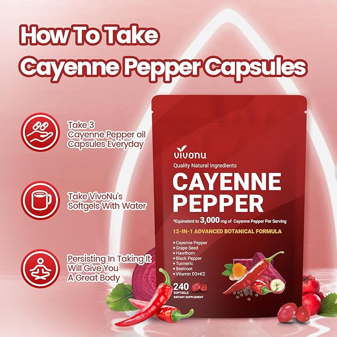 VivoNu Cayenne Pepper Softgels Supplement Supports Leg Vein Heart and Blood Vessel Health with Vitamin E D3+K2 and Extracts of Grape Seed Hawthorn Beetroot Berberine and Other