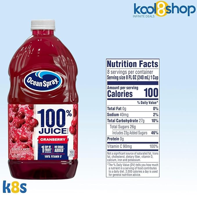 Ocean Spray 100% Cranberry Fruit Juice No Added Sugar 64 fl oz 4 Pack + 15 Sugarcane Disposable Straws by KOOL8SHOP Infinite Deals