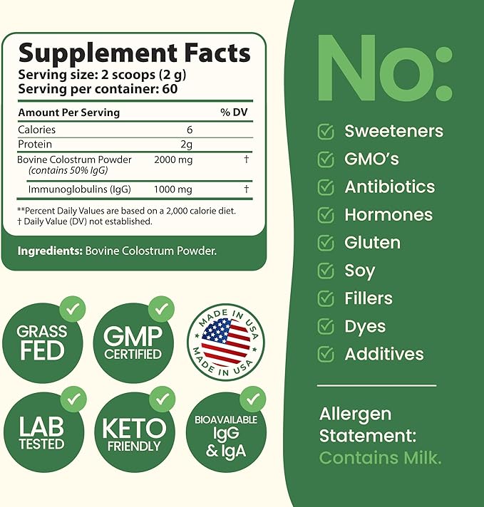 Immerge Health Super Colostrum Powder (60 Servings) – Premium Bovine Colostrum Supplement for Gut Health Bloating &amp Immune Support – High IgG 100% Grass Fed First Milking Unflavored Made in US