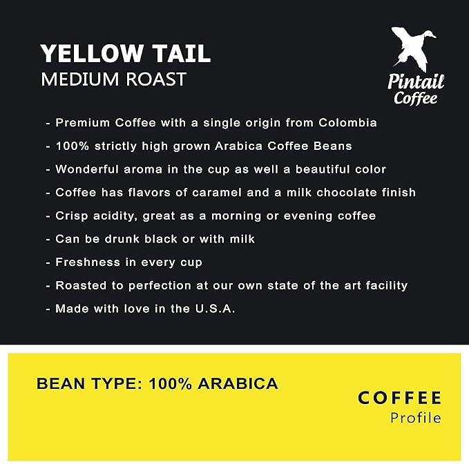 Pintail Coffee - Yellow Tail Medium Roast 100% Colombian Ground Coffee 12 oz. Bag Rich Blend of Colombia Crisp Flavors of Caramel