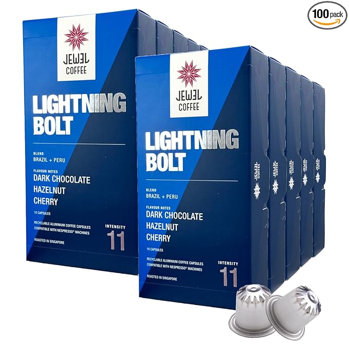 Jewel Coffee Specialty Coffee Pods - Lightning Bolt Blend 100% Arabica Coffee Intensity 11 Dark Roast Compatible with Original Nespresso Machines 100 Count (10 Boxes of 10 Espresso Pods)