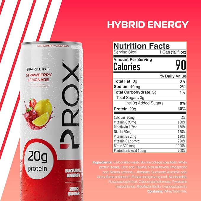 PROX Hybrid Energy Drink with 20g Protein Zero Sugar 200mg Natural Caffeine 90 Calories 12 Pack (Strawberry Lemonade)