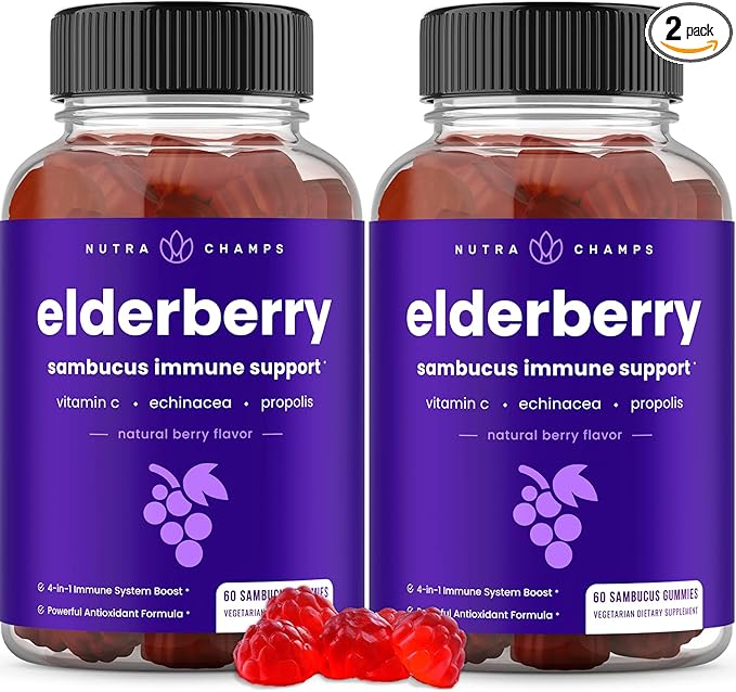 NutraChamps Elderberry Gummies Sambucus Elderberry Gummies for Adults &amp Kids Vitamin C Propolis &amp Echinacea Max Strength Immune Support Gummies Natural Berry Flavor 120 Gummies (Pack of
