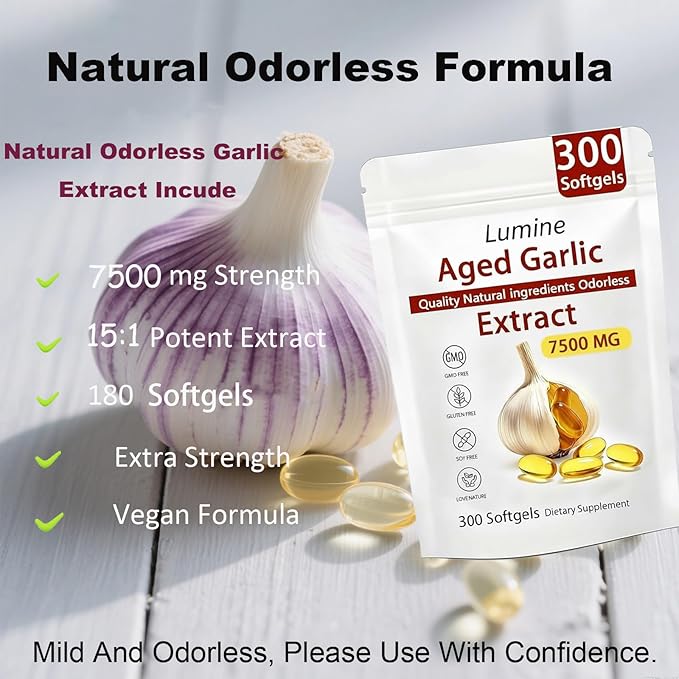 LUMINE Aged Garlic Extract 7500mg Odorless - - Lemeli Aged Garlic Extract 300 Softgels | Organic Non-GMO Gluten-Free | Supports Immune Health
