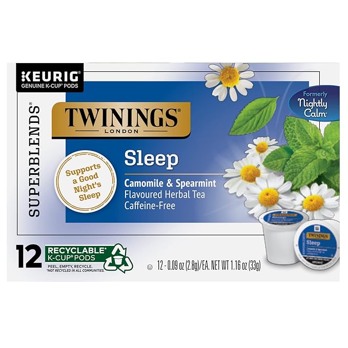 Twinings Nightly Calm Herbal Tea K-Cup Pods for Keurig - Sleep Tea Bedtime Caffeine-Free Tea Blend Soothing Chamomile Relaxing Spearmint Subtle Lemongrass Flavor 12 Count (Pack of 2)