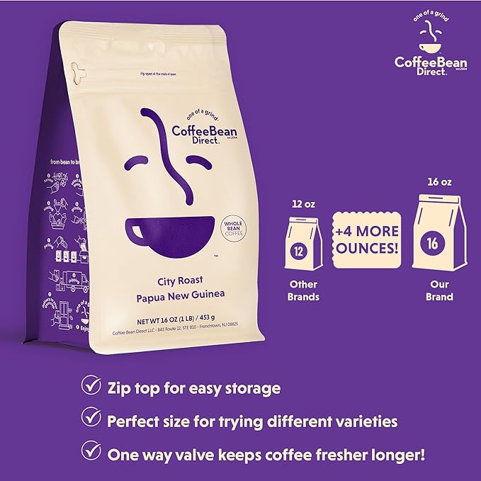 Coffee Bean Direct City Roast Papua New Guinea Whole Bean Coffee Arabica Coffee Medium Roast 1 Pound Bag (Pack of 1)