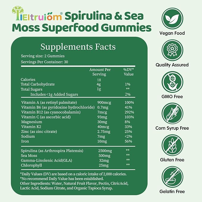 Spirulina Gummies Organic Spirulina 2500mg Enhanced Daily Energy - Your Daily Super Greens with Sea Moss Chlorophyll GLA Non-GMO Gluten Free 120 Vegan Gummies