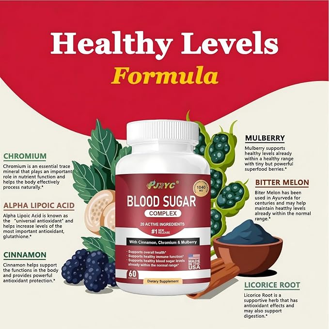 Blood Sugar Complex Supplement - Supports Healthy Blood Sugar Levels All Natural with Cinnamon Bitter Melon Chromium Garlic Hibiscus Olive Leaf Mulberry Non-GMO - 120 Capsules