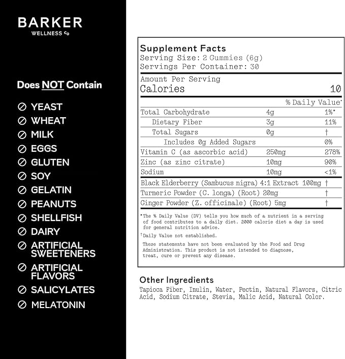 Barker Wellness Immunity Gummies with Vitamin C Zinc Elderberry Turmeric &amp Ginger for Daily Immune Support | Vegan Sugar-Free Lemon-Lime Flavor | Seasonal Wellness Essentials 60 Count