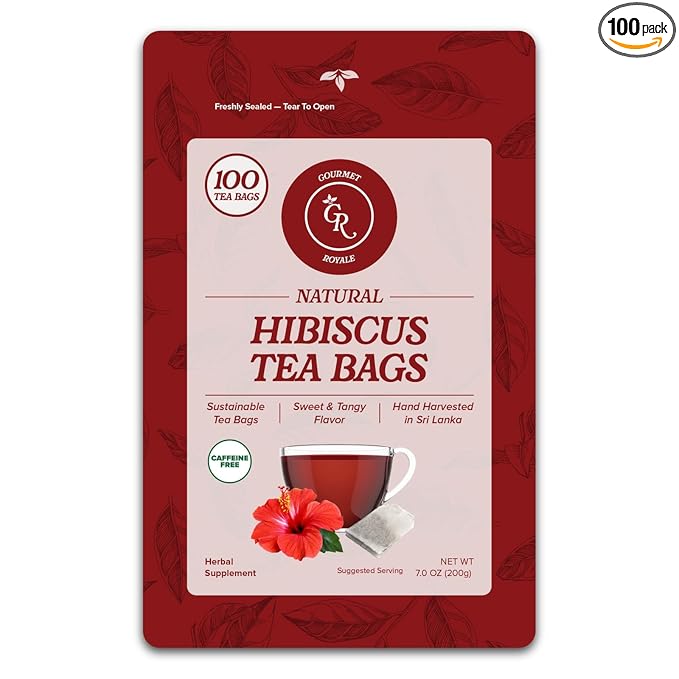 Gourmet Royale Hibiscus Tea 100 Count Sustainable Tea Bags Pure Hibiscus Flowers Caffeine &amp Sugar Free Non-GMO &amp Vegan Grown in Sri Lanka (Pack of 1)