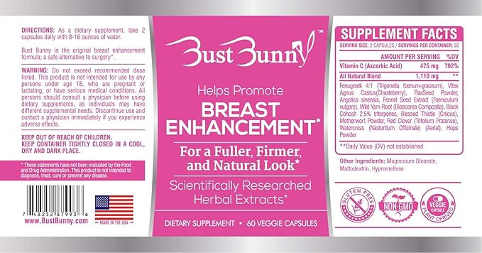 Bust Bunny Breast Enhancement Pills - Vegan Friendly - 6 Month Supply | #1 Natural Way to Enlarge Breast and Increase Bust Size