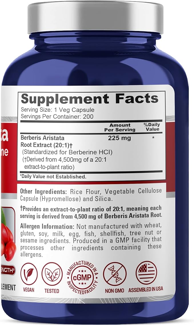 NusaPure Berberine HCI 20:1 Extract 225 mg Equivalent to 4500mg - 200 Veggie Caps - (Vegetarian Non-GMO Vegan)