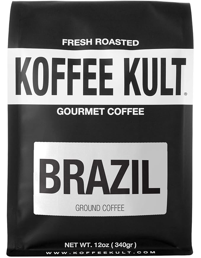 Koffee Kult Medium Roast Ground Coffee - 100% Single Origin Brazil Coffee - 12oz Bag