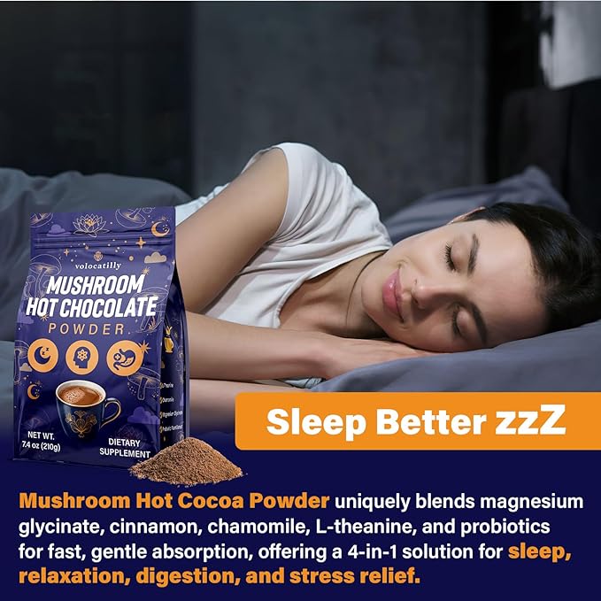 Mushroom Hot Cocoa with Magnesium Glycinate Reishi L-Theanine Ashwagandha Lemon Balm Lavender Cacao Powder Organic Hot Chocolate Supplement for Sleep Relaxation No Melatonin 2P