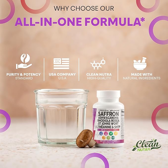 Clean Nutraceuticals Saffron Supplements Extract 100mg + Ashwagandha L-Theanine 200mg - Mood Support Ginkgo Biloba St. John's Wort Rhodiola Rosea &amp 5-HTP Capsules Pills Men Women (Pack of 2)