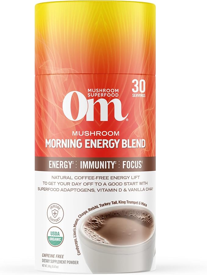 OM MUSHROOM SUPERFOOD Morning Energy Blend – Caffeine-Free Powder with Cordyceps Lion’s Mane Rhodiola &amp Vitamin D2 – Supports Energy Focus &amp Endurance – 8.47 oz Canister (30 Servings)