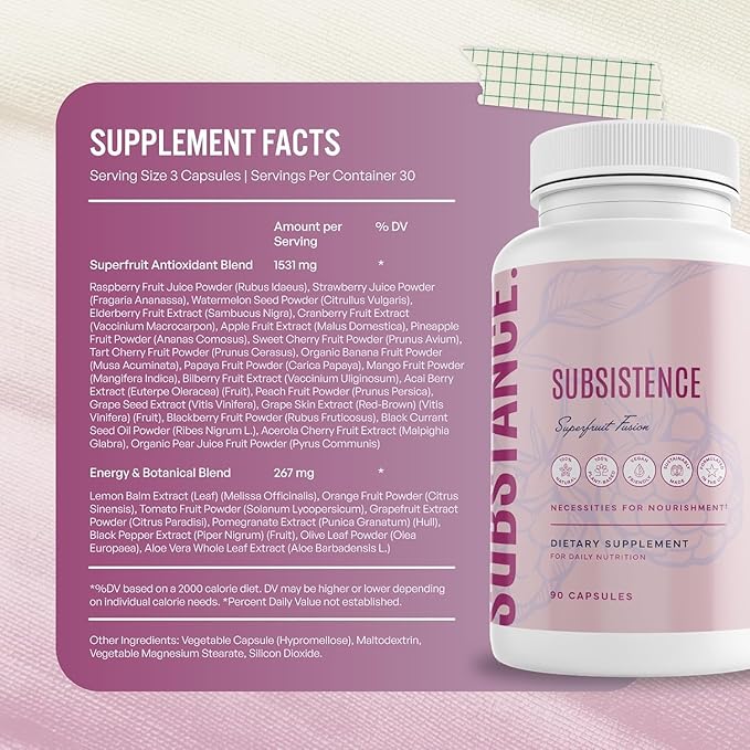 SUBSTANCE. Nature’s Subsistence Daily Fruits Supplement – Organic Superfruit Blend with Acai Pomegranate Aloe Vera &amp 20+ Fruits – Natural Antioxidant &amp Immune Support Supplement – 30 Serving