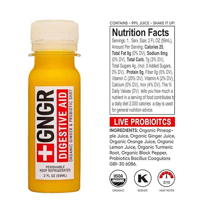 +GNGR 12 Shots Variety Pack of Organic Ginger Shots. Cold Pressed Preservative free. Ginger Juice Turmeric Root Lemon &amp Orange Juice Caynne Pepper. 2fl oz (Pack of 12)