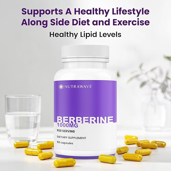 Nutrawave Pure Berberine Maximum Potency - 1000mg Per Serving - 2 Capsules 500mg Each - Supports Blood Sugar Levels Healthy Lipid (Fat) and Glucose Metabolism - Non-GMO Vegan - 2 Pack