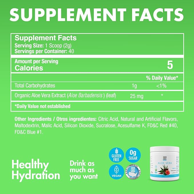 Yes You Can! Aloe Vera Powder Drink Mix - Hydration Booster Infused with Pure Organic Aloe Vera Extract - Delicious Flavors - Made in USA - Antioxidant Rich - Hibiscus Flavor - 40 Servings Per Caniste
