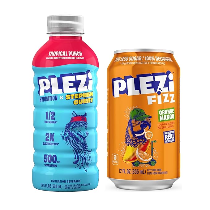 PLEZi Hydration &amp Sparkling Juice Drink Bundle – Tropical Punch x Stephen Curry &amp FiZZ Orange Mango – No Added Sugar Low Sugar 2X Electrolytes &amp Fiber – 16.9 Fl Oz + 12 Fl Oz (24 Pack To