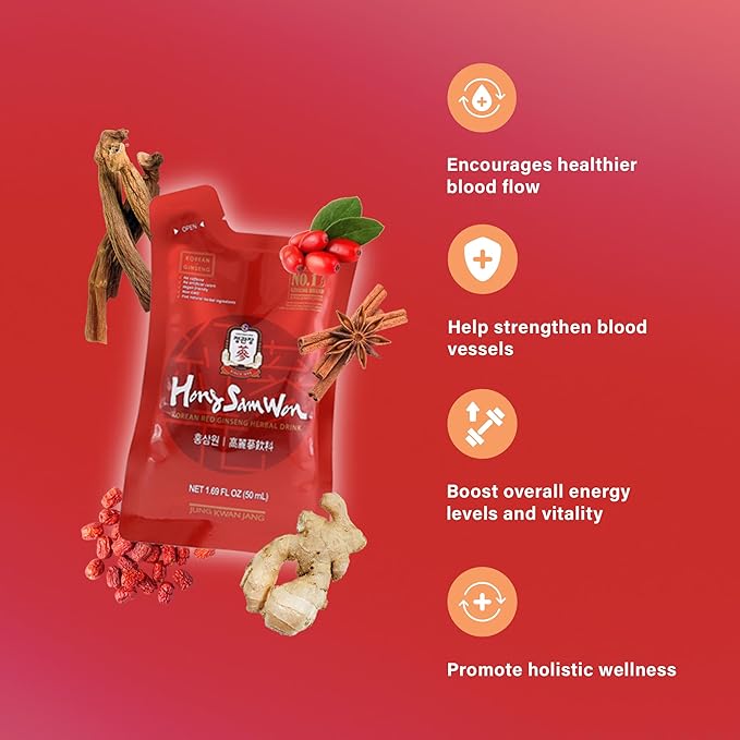 JUNG KWAN JANG HongSamWon Korean Red Ginseng Herbal Drink | Energy Drink Pre Workout Ginseng Supplement Herbal Tea | Korean Red Ginseng Extract Jujube Ginger Cinnamon | Vegan Friendly | 20 Count
