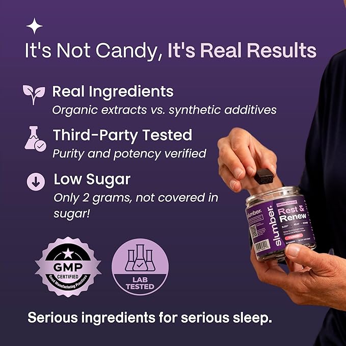 Slumber Rest &amp Renew Sleep Gummies Vegan Sleep Aid With Organic Passion Flower Chamomile &amp Pure Reishi Mushroom to Support Relaxation Before Bed Plant Based Low Sugar Strawberry Flavor