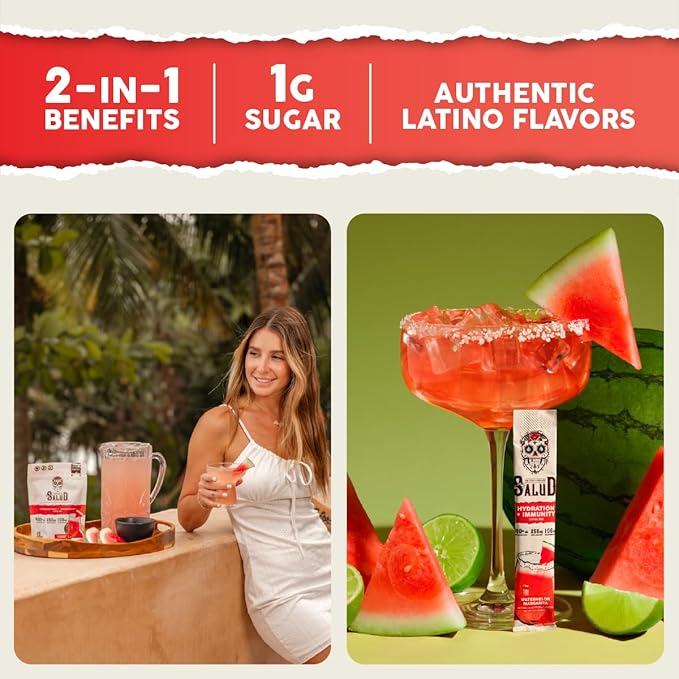 Salud 2-in-1 Hydration Packets + Immunity Electrolytes Powder Watermelon Margarita - Agua Fresca Drink Mix Elderberry Dairy &amp Soy Free Non-GMO Gluten Free Vegan 1g Sugar (15 Servings)