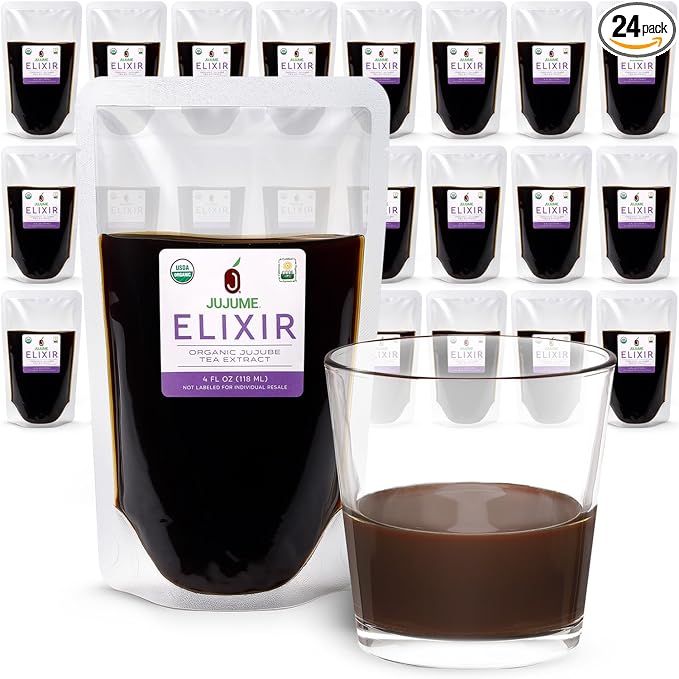 USDA Organic California Grown Pure Jujube Tea Concentrate | JUJUME Elixir | ZERO Added Sugar Color or Preservatives | All-Natural GMO-Free | Add Water for Jujube Tea | 24-pack 4 oz. pouches