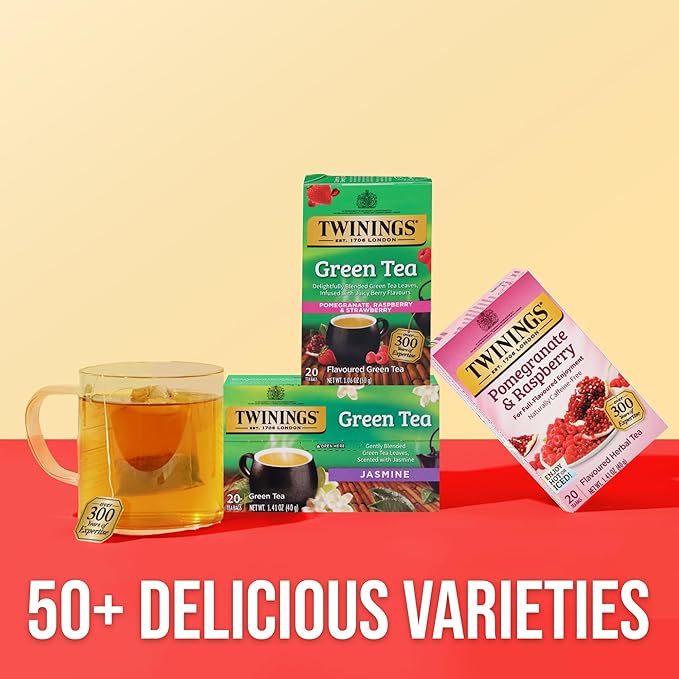 Twinings Green Tea with Pomegranate Raspberry &amp Strawberry Individually Wrapped Bags 20 Count (Pack of 1) Caffeinated Enjoy Hot or Iced 20 Teabags