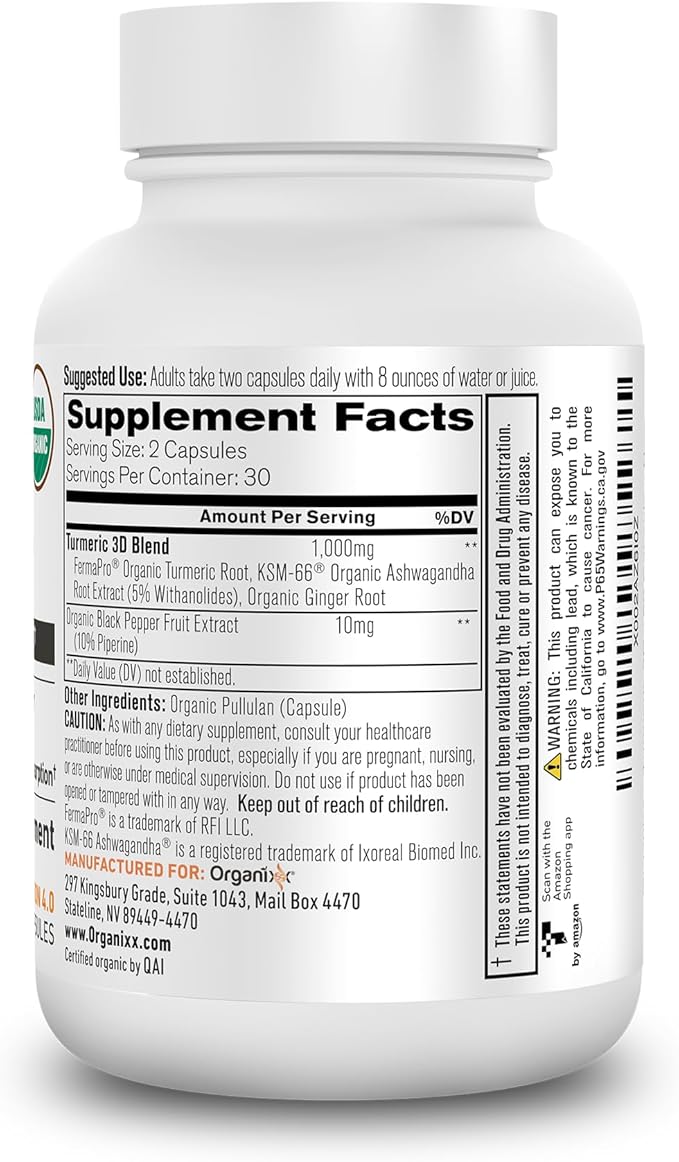 Organixx USDA Organic Turmeric Curcumin Supplement with Ashwagandha Vitamin D Turmeric &amp Ginger – Fermented for Maximum Bioavailability 60 Count (Pack of 3)