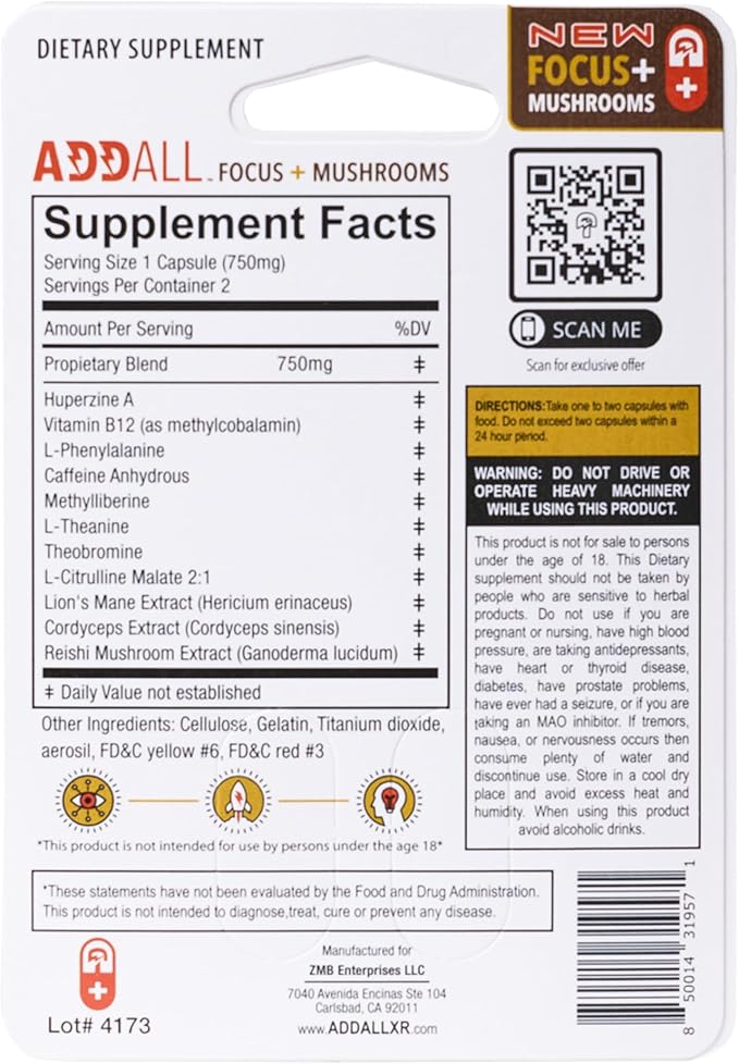 Addall Focus + Mushrooms Memory Supplement (12 Pack) #1 Effective Alternative Brain Supplement Substitute Pills Nootropic &amp Energy | No Crash | Science Backed Formula | 24 Capsules