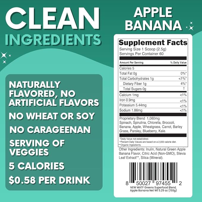 Green Superfood Powder for Digestion &amp Gut Health - Keto Friendly Superfood Greens Blend Powder for Immune Support - Powdered Greens Supplement for Immune Boost - Apple Banana Flavor