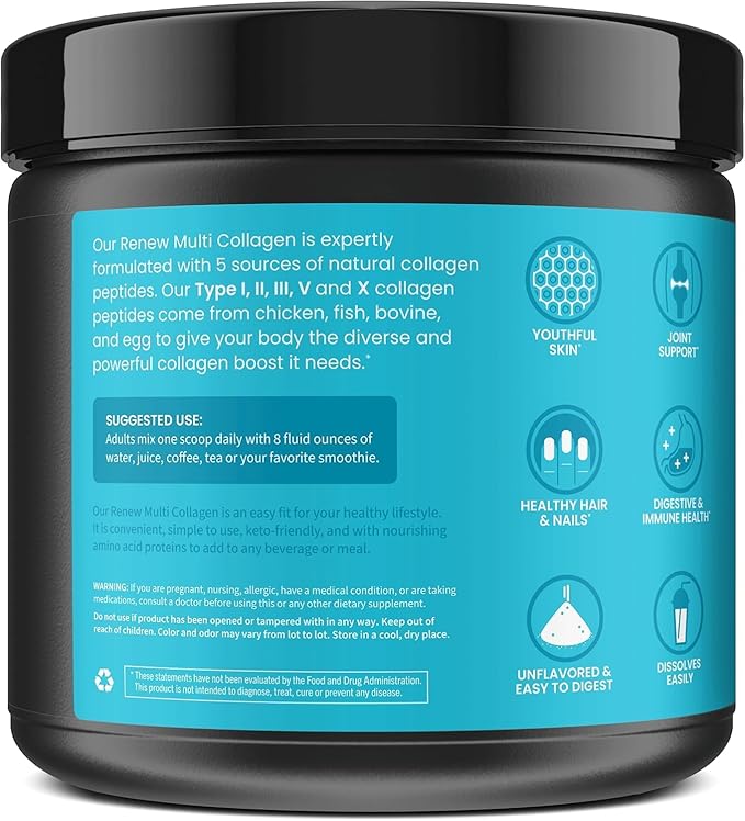 WellPath Multi Collagen Peptides Powder for Women | Renew Multi Collagen Protein for Hair Nails Skin | Hydrolyzed Bovine Marine &amp Chicken Sources | Types I II III V X | 11 oz | 40 Servings