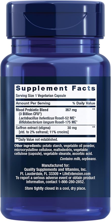 Life Extension FLORASSIST® Probiotic Mood Improve probiotic and Saffron Blend enhances Mood and Mental Outlook Non-GMO Gluten-Free 1 Daily Vegetarian 30 Capsules