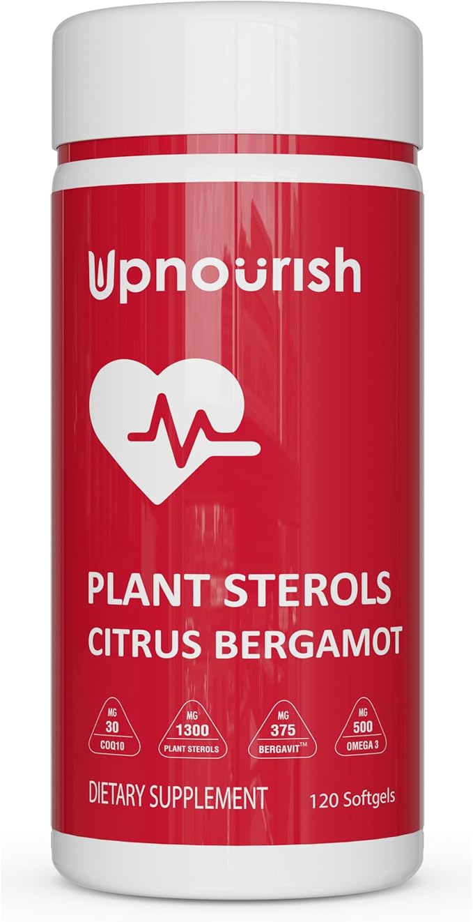 UpNourish Plant Sterols Citrus Bergamot Supplement for High Cholesterol with CoQ10 Omega 3 Olive Leaf Turmeric Curcumin Black Garlic and Niacin - 120 Softgels
