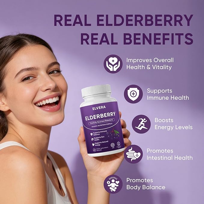 Elvera Elderberry Elvera Gut Support Complex with Zinc &amp Vitamin C Organic Black Elderberry Soft Capsules for Immune Support Boost Energy Digestive and Gut Healthy 60 Capsules (1)