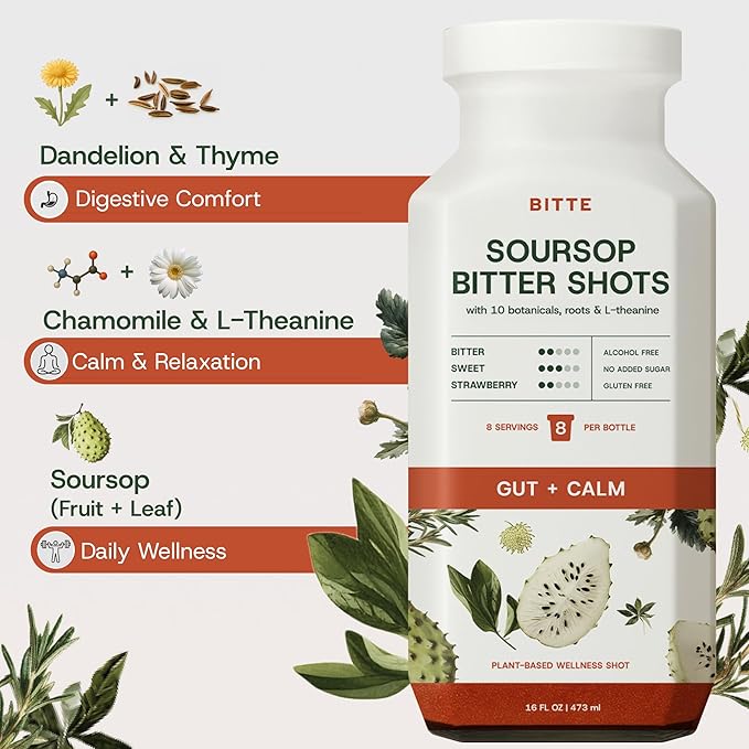 bitte Gut + Calm Soursop Shots – 6 Pack Ready to Drink Strawberry Soursop Whole Super Fruit + Herbal Bitters – 24-Hour Support Ritual Eco-Friendly Glass Bottle – 96 fl oz Total (48 Servings)