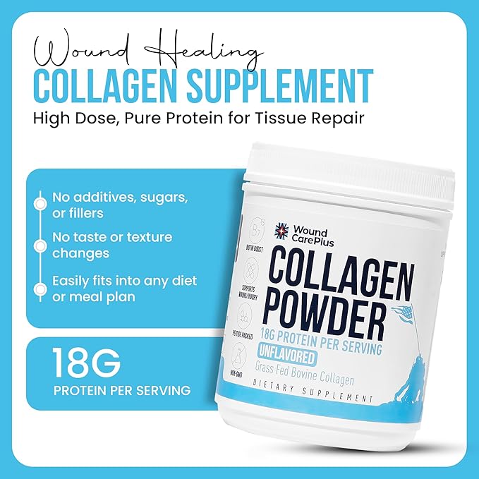 Wound Care Plus Collagen Peptides Powder Unflavored - Grass-Fed Hydrolyzed Collagen with 18g Protein - Supports Skin Hair &amp Joint Health - Non-GMO Keto Friendly